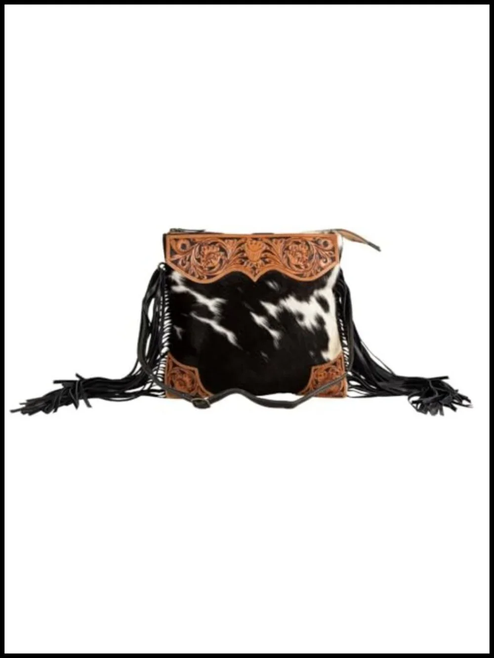 Tooled Leather Cowhide Crossbody Bag - Hand-Etched Western Purse